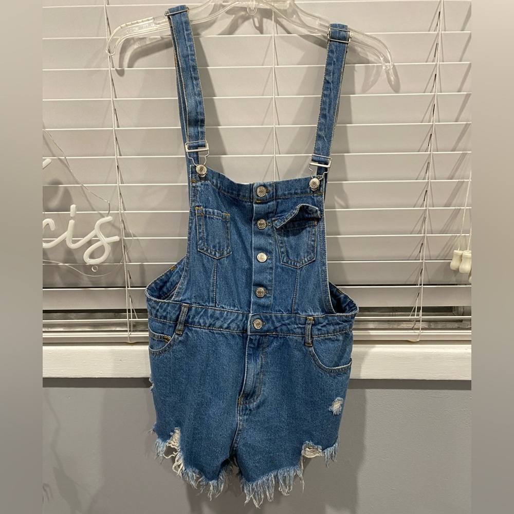 Denim overalls distressed ripped medium wash